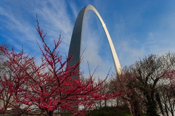 The St. Louis Gateway Arch (and no, the weather was not like this when I was there - the sky was white, and all ofthe branches of the trees were bare).